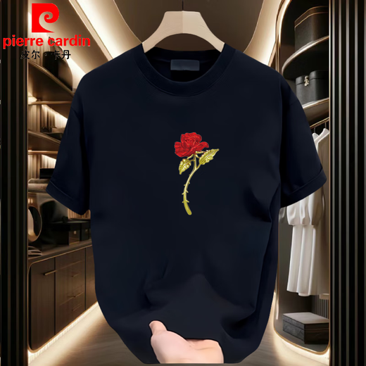 Pierre Cardin Traje de pareja de alta gama camiseta de verano 2025 NUEVA SUMMER SUPER HOT Internet Celebry Pure Cotton Special de manga corta para hombres Black [frontal grande K1049 Rose rojo simple L Recomendado 120-140Jin [Jin iguala 0.5 kg]