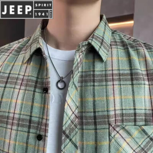 
JEEP SPIRIT plaid long-sleeved shirt 2025 spring and summer new men's trendy loose casual shirt thin sunscreen jacket men 9902 green M [recommended 90-110Jin [Jin equals 0.5 kg]]