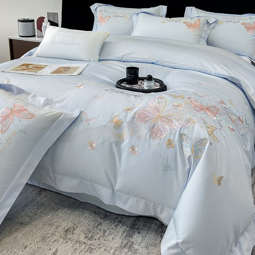 Mercury series light luxury and high-end sense 180-count satin long-staple cotton four-piece set 100% cotton pure cotton quilt cover 2025 new bedding 4 Class A maternal and infant grade pure cotton 100% Si-Sky Blue 1.8 Sheet Style Four-piece Set Quilt Cover 200*230