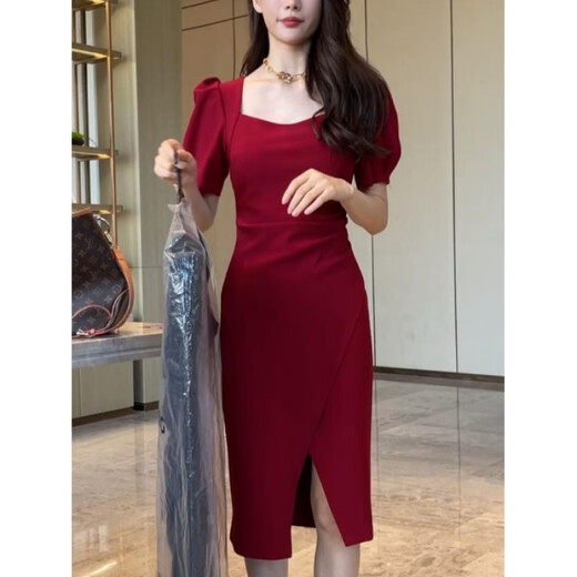 
ZIPJBX Korean version of square collar puff sleeve dress mid-length slit design hip-pack skirt 2025 summer new product Black #1048 2XL
