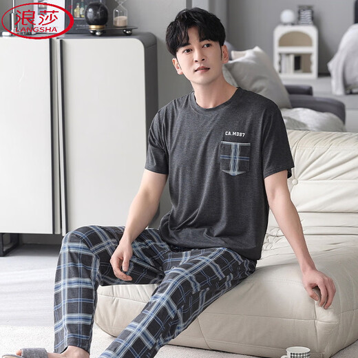 LangSha (LangSha) extra large size men's modal pajamas plus fat pajamas summer thin loose casual home clothes short-sleeved trousers suit ALS9905 L men [100-125Jin [Jin equals 0.5 kg]]