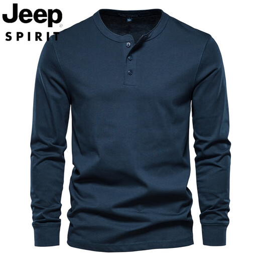 JEEP SPIRIT Jeep Henry shirt men's autumn heavyweight t-shirt pure cotton long-sleeved Henry collar men's business bottoming shirt slim top navy blue 3XL weight 190-210Jin Jin equals 0.5 kg