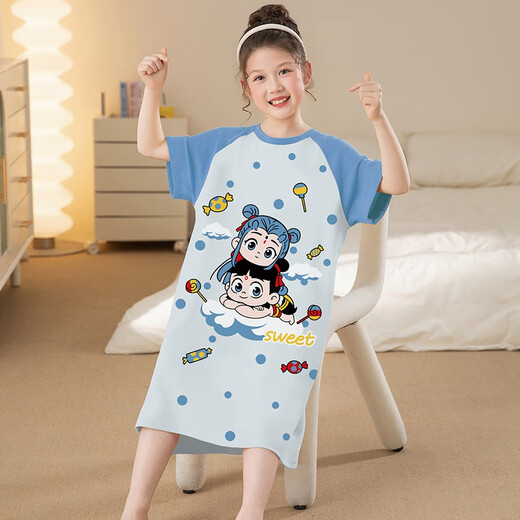 Parent-child mother-daughter nightgown summer pure cotton short-sleeved thin girls pajamas medium big children girl summer children's home clothes B1289 Nezha Ao Bing [100 pure cotton nightgown] One size recommended 113cm38Jin [Jin equals 0.5 kg] within [10 sizes]