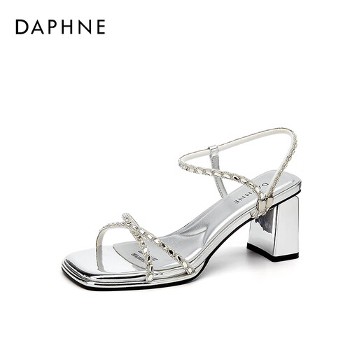 Dhinestones de Daphne con sandalias de tacón gruesas de una sola tira para mujeres en verano ropa de vía de hada cuadrada playa abierta con falda para zapatos para mujeres plateado 34 (220 mm) tamaño estándar