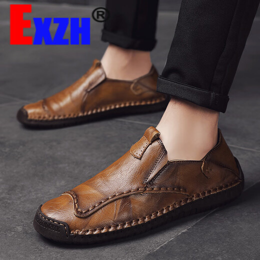 Exzh Brand Men's Shoes Summer Men's Leather Shoes Мужская повседневная обувь на искреную кожаную туфли мягкая подошва бобы 46 One Foot 47 Big 9912 Red Brown 38