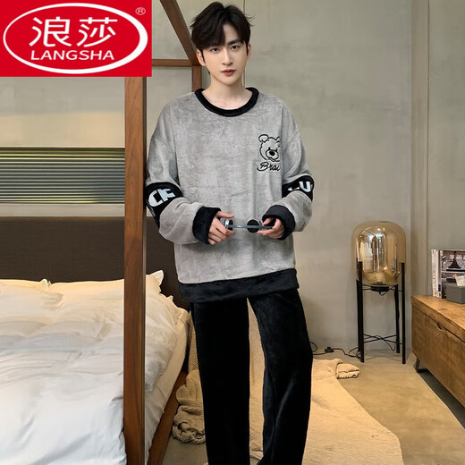 Langsha Coral Coral Velvet Invierno Pajamas Otoño e invierno en espesas más Velvet Adolescentes de ropa para hombres Flanela Ropa para el hogar 3882 Letras Plumas L Hombres L