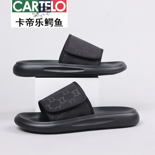卡帝乐鳄鱼（CARTELO）拖鞋男夏季2025新款时尚百搭软底沙滩鞋男士外穿防水防臭一字拖鞋 黑色6189 38