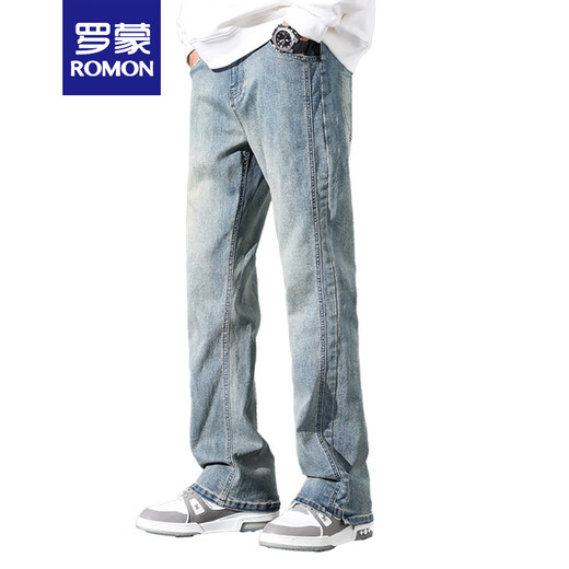 ROMON American high street jeans men's spring 2025 new loose straight wide-leg casual long trousers 9901 nostalgic blue regular S (115-130Jin[Jin equals 0.5 kg])