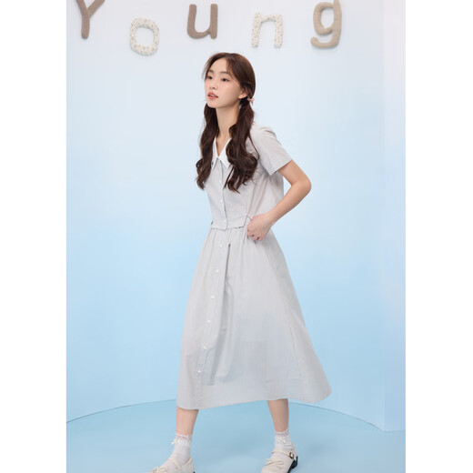 Zihan (ZIHAN) Zihan blue vertical striped short-sleeved shirt high-waisted a-line skirt two-piece suit for women 2025 summer new style blue stripe S