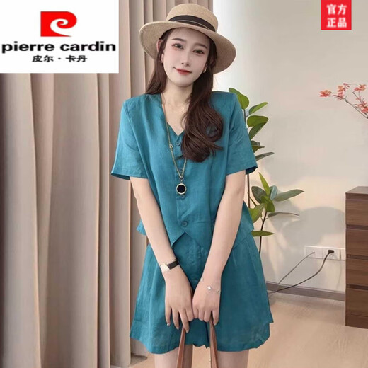 Pierre cardin cotton and linen set for women summer 2025 new European products casual, fashionable and fashionable loose shorts shorts two-piece set mustard green 2XL [recommended 125-140Jin [Jin equals 0.5 kg]]