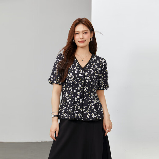 纤莉秀【优雅黄色印花V领温柔百搭衬衫】大码女装胖mm2025夏新款1291 黑色 2XL