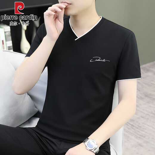 皮尔卡丹（pierre cardin）白色v领短袖t恤男士青年棉印花字母上衣韩版打底 D7029白色V领短袖  M 建议90-115斤