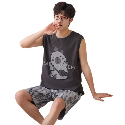 莫代尔全棉夏季睡衣男士纯棉短裤背心薄款卡通青少年学生夏天家居服套装 AM829 XL 标准130-150斤