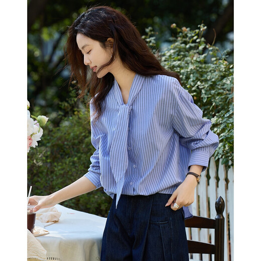Demana, Korean-style Omni, spring gentle cloud-like cotton collared striped shirt, hidden flesh shirt, women's top