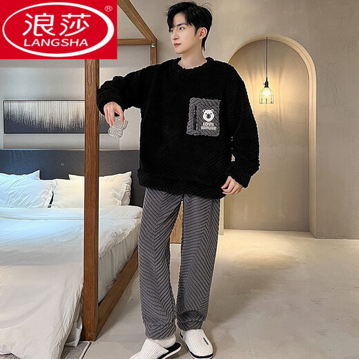 Langsha Coral Fleeme Pajamas Мужская осень и зима плюс флисовая утолщенная теплое подростка для мальчиков фланелевая домашняя одежда набор 3882 Письмо перьев мужской стиль L