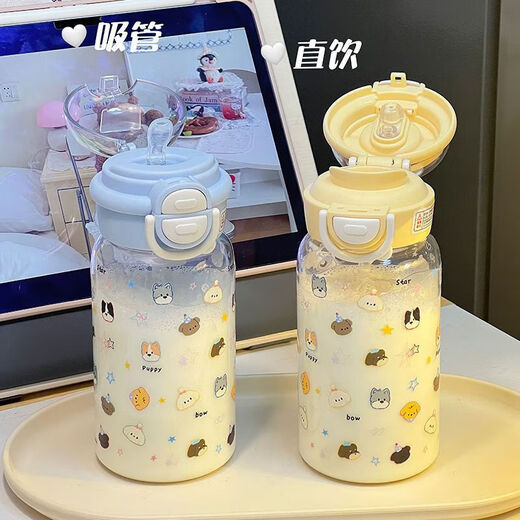 High-looking 2025 girls plastic cup summer water cup new portable double lid double drink cute student campus cup white dog 600ml