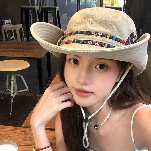 尔山集复古西部牛仔帽遮阳帽子女登山徒步渔夫帽大帽檐防晒夏季钓鱼户外 民族风刺绣渔夫帽【卡其绿色】