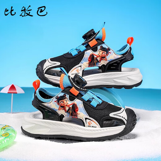 Bimuba (Pimpa) Nezha Boys Head Sandals 2025 Sommer Neue Kinder atmungsaktiven weichen Sohle Nicht-Schlupf-Grundschule Jungen Strandschuhe M983 Schwarz Orange 32