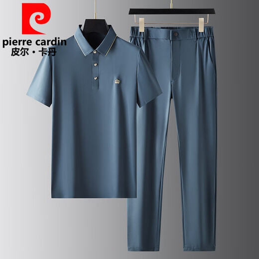 Pierre cardin light luxury gentleman business silky high elastic wrinkle-free and hot summer men's high-end quick dry ice silk casual sports set WH-9905 black set 2XL [recommended 130-150Jin [Jin equals 0.5 kg]]