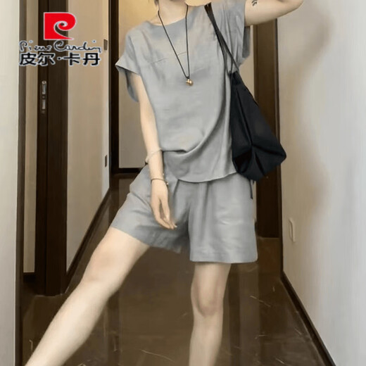Pierre Cardin Small Fashion Casual Anzug 2025 Sommer Europäer Lose große Frauen-Shorts tragen einen kompletten Set Grau 2xl [Empfohlen 130-150 Jin [Jin entspricht 0,5 kg]]