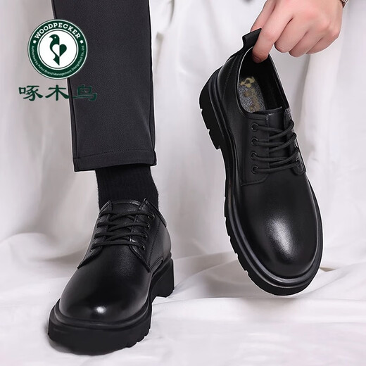 Woodpecker Black Casual Leather Shoes Men's Genuine Leather 2025 New Spring British Style Business Formal Wear Big Toe Work Trendy Shoes Black Four Seasons 717 Woodpecker 45