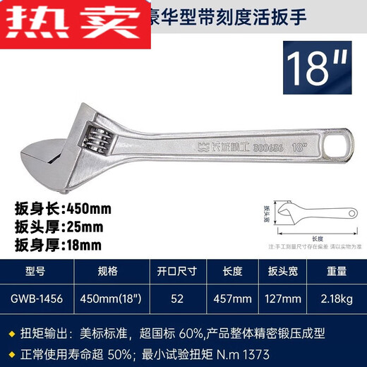 XMSJ德国进口品质长城精工活动板手大开口12250/300/600活口扳手工具 粘塑柄18寸450大开口52
