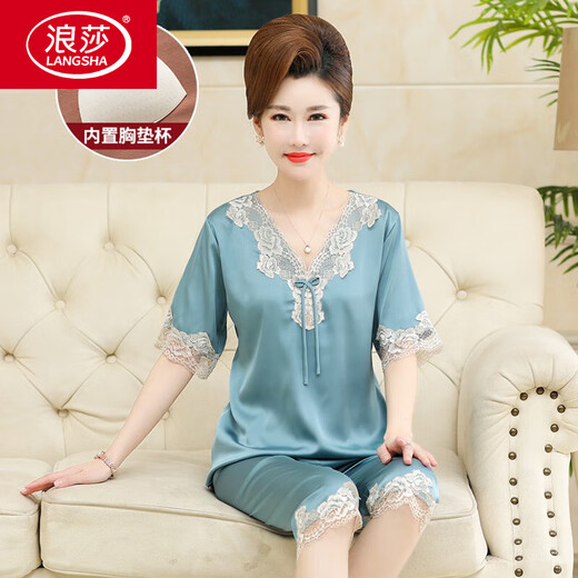 Langsha (Langsha) mit Brustpolster mittleren Pyjamas mittleren Alters für Frauen in Sommerseide Dünne kurzärmelige kühle Seide mit mittleren Alters und älteren Heimkleidung AYM688 GOLD [High-End-Thekequalität] 3xl mit Brustpolster