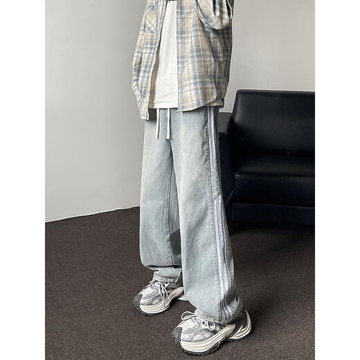 Boîte noire Blanc Jeans Spring et été de la marque à la mode masculine American Striped Splicing Pantalon décontracté lavé par l'eau Vibe High Street Pantalons droits lâches WKXS-K1047 BLUE XL
