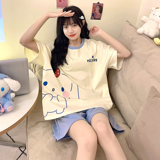 Xushansi Ins Pajamas El nuevo estilo de celebridades de celebridades de la altura corta de la manga corta para mujeres se puede usar el juego de ropa para el hogar dulce del hogar dulce afuera de 679 Dinosaur Green M recomendado 80-90jin [Jin es igual a 0,5 kg]