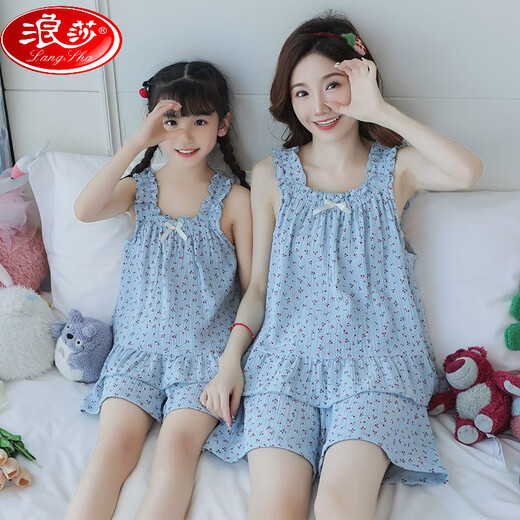 LangSha (LangSha) girls pajamas parent-child mother-daughter camisole shorts suit summer thin pure cotton gauze big child girl princess pure cotton gauze LD11304#Blue Cherry M Recommended height 150-160cm