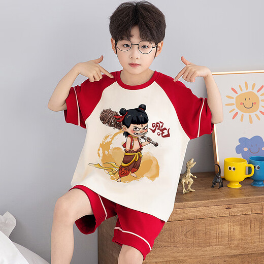 浪莎（LangSha）儿童哪吒睡衣男小中大童夏季短袖薄款纯棉家居服男孩学生卡通套装 LT694 150 建议140-150CM/70-85斤