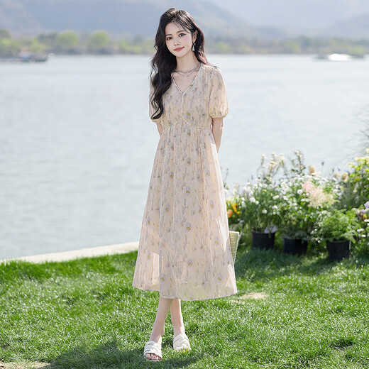 丝柏舍V领连衣裙2025夏装新女装时尚优雅泡泡袖印花气质中长裙