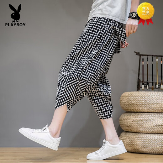 Pantalon de carotte Playboy Pantalon Harem Summer des hommes chinois Plaid Retro Casual Shorts à sept points Blooders Thin White + White T-shirt M 90 à 115 Jin [Jin est égal à 0,5 kg]
