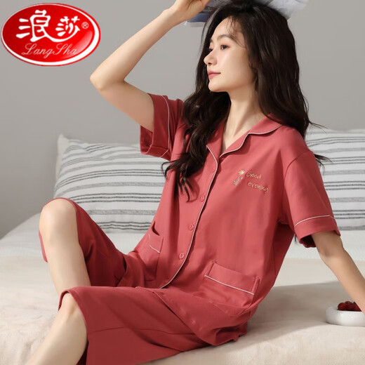 浪莎纯棉睡衣女士2025夏季短袖七分裤中青年款大码开衫套装薄款家居服 n9898短袖七分裤开衫 M (80-100斤)