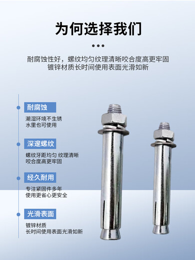 OUOETY镀锌膨胀螺丝蓝白锌加长螺栓拉爆螺丝钉铁膨胀管M6M8M10M12 12200一箱240个