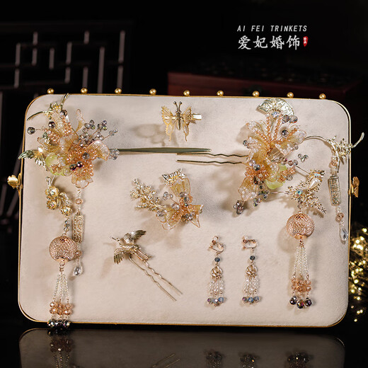 Senyong Xiuhe headdress 2024 new Chinese style bride Xiuhe dress cheongsam dragon and phoenix gown golden step rocker hairpin wedding hair accessories model same style headdress + ear clip