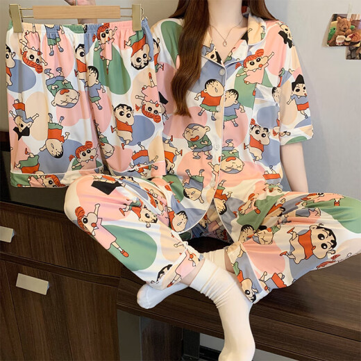 三件套可爱蜡笔小新夏季短袖开衫睡衣女学生宿舍可外穿卡通家居服 套KK14135 2XL 【建议130-145斤】