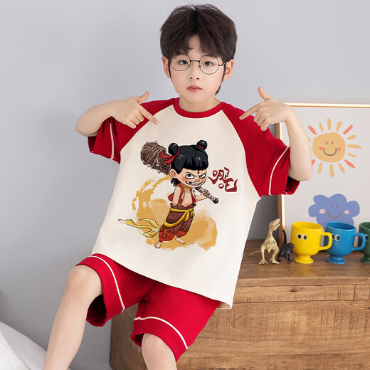 浪莎（LangSha）儿童哪吒睡衣男小中大童夏季短袖薄款纯棉家居服男孩学生卡通套装 LT694 150 建议140-150CM/70-85斤