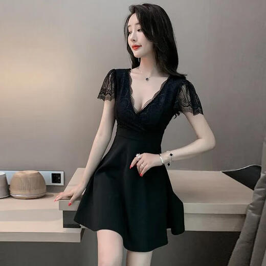 Yi Jingxuan (YIJINGXUAN) 2025 nightclub dress temperament short skirt low-cut V-neck covering belly slimming work clothes store sexy lace splicing black L 100-110Jin [Jin equals 0.5 kg]