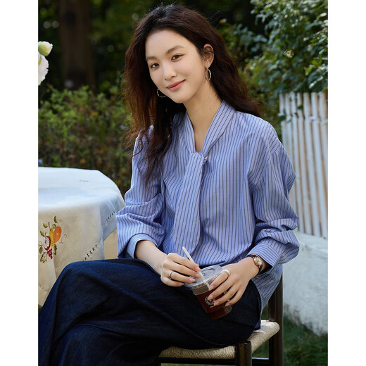 Demana, Korean-style Omni, spring gentle cloud-like cotton collared striped shirt, hidden flesh shirt, women's top