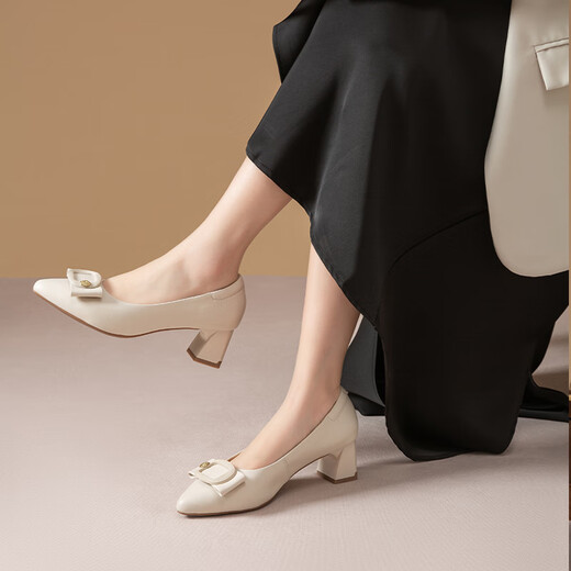 
Red Dragonfly Leap Moon Shoes High Heels 25 Spring Thick Heels Women's Shoes Pointed toe Workplace Small Leather Shoes Single Shoes WLB15124 Beige White 40
