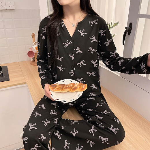 Ziwei Qifeng bow suspender pajamas for women with chest pad three-piece collar cardigan jacket long-sleeved home clothing set 13803 black three-piece set with chest pad 185 XXL recommendation 140-155