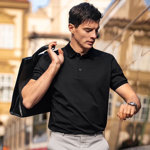 Mr. BU Collier breveté Bouton à trois broches exquis Business Polo Men's Men's Summer-Absorbing and Breathable Color Color à manches courtes AT12161 Piano Black L (175)