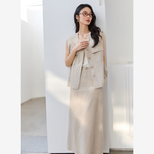
Vanciman Fashionable Sleeveless Vest Suit Skirt for Women 2025 Summer New Straight Skirt Two-Piece Set M9905 Original Maple Color XL