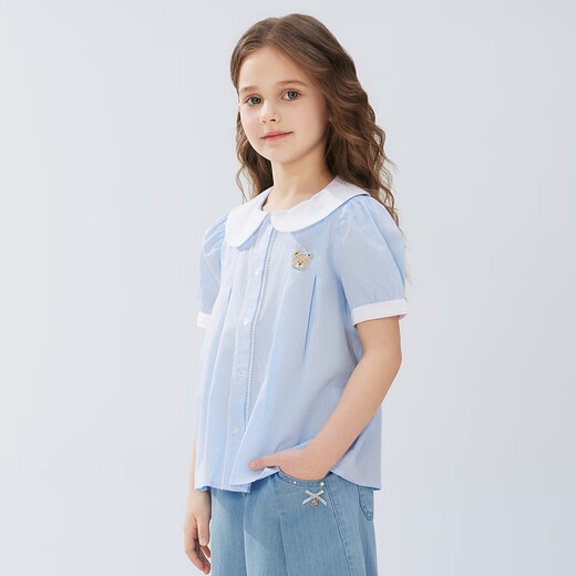 PawinPaw cartoon bear children's clothing 25 spring and summer new girls cute lapel short-sleeved shirt sweet Blue blue/50 110