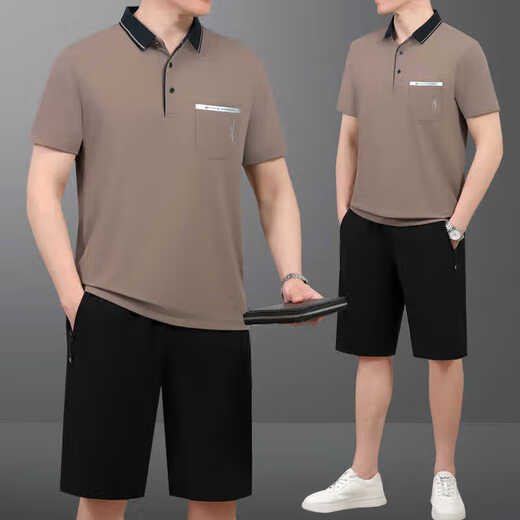 
DK brand men's short-sleeved T-shirt suit men's summer sports POLO shirt loose middle-aged and elderly casual two-piece set 682-water blue [short-sleeved + shorts] L