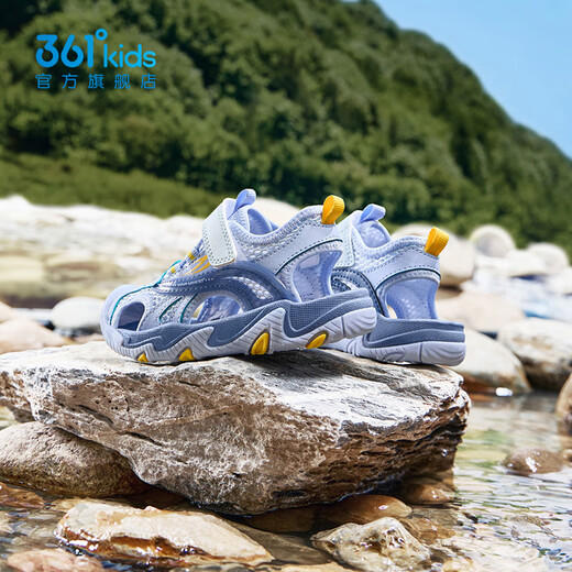 361 Children's shoes for boys and girls, toe-toe sandals, summer new children's beach shoes, children's wading shoes, mud gray blue/phantom blue/kumquat yellow 28