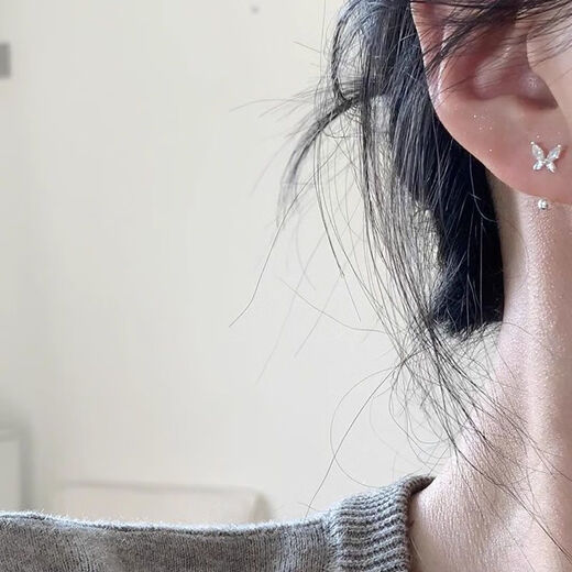 Wanmu s999 sterling silver earrings, butterfly earrings, new screws, exquisite sleeping ear piercing, no need to remove them, 9999 solid silver butterfly hook screw earrings, sterling silver, one pair