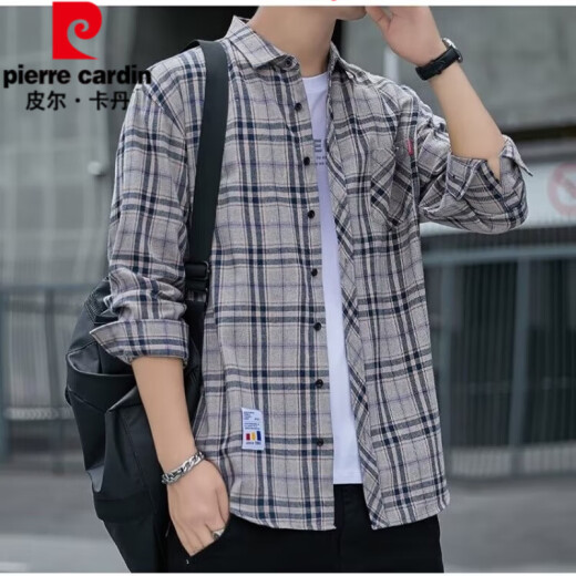 皮尔卡丹（pierre cardin）格子休闲衬衫男士春秋季长袖衬衣韩式上衣服复古宽松夏季薄款外套 K12109绿色（ 加绒 M 90-110斤
