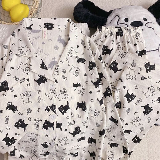 
S.SOFEA cloud cotton cat pajamas women's long-sleeved Japanese cute home clothes set 826# black and white cat 175 L